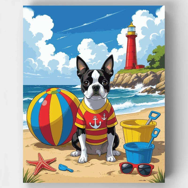 Boston Terrier Beach Day - Paint by Numbers Kit