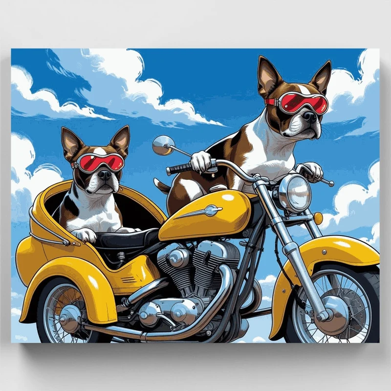 Boston Terriers on Motorcycle - Paint by Numbers Kit
