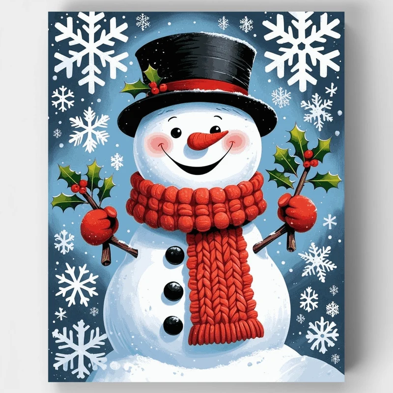Cheerful Snowman with Red Scarf - Paint by Numbers Kit