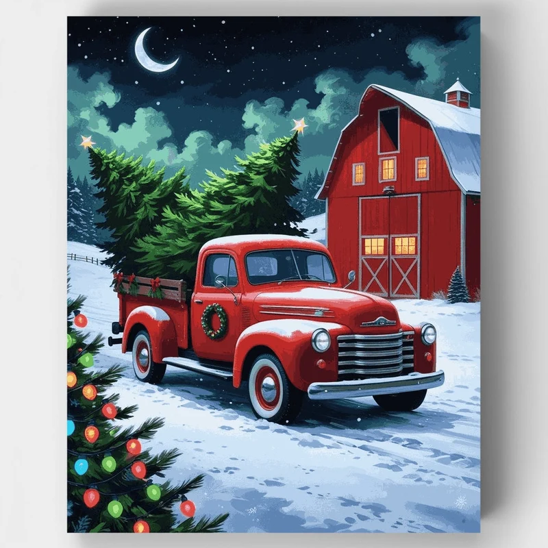 Vintage Red Truck Christmas Farm Scene - Paint by Numbers Kit