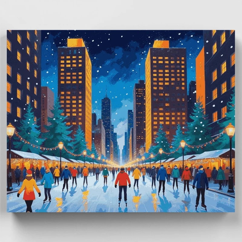 Winter City Ice Skating Scene - Paint by Numbers Kit