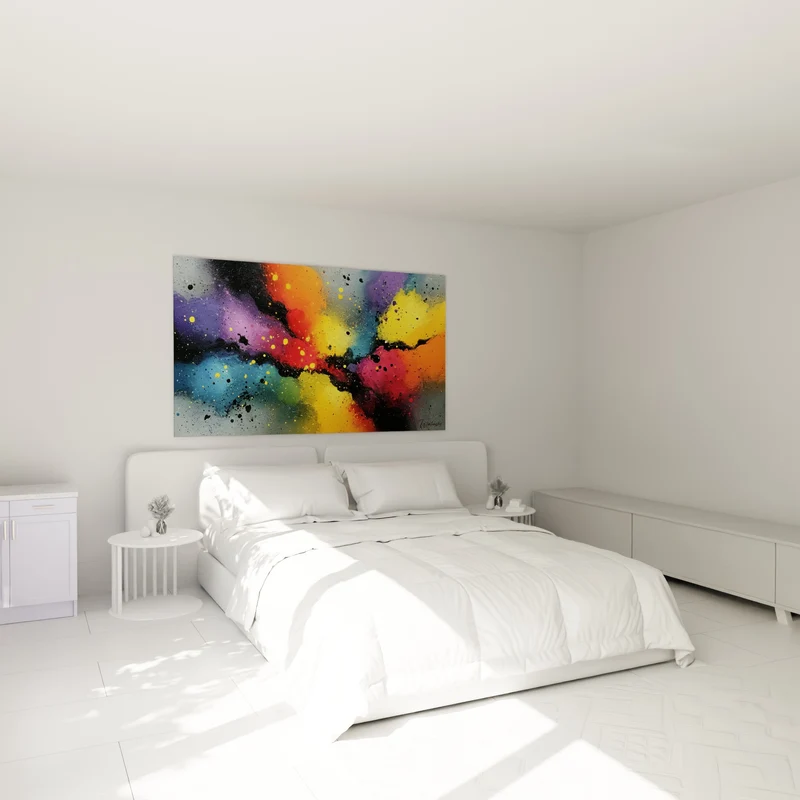 Tableau Faille noire diagonale entre orange et bleu - Grille sombre en surimpression - Edition Multicolore abstrait