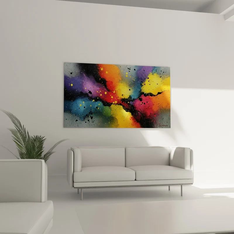 Tableau Faille noire diagonale entre orange et bleu - Grille sombre en surimpression - Edition Multicolore abstrait