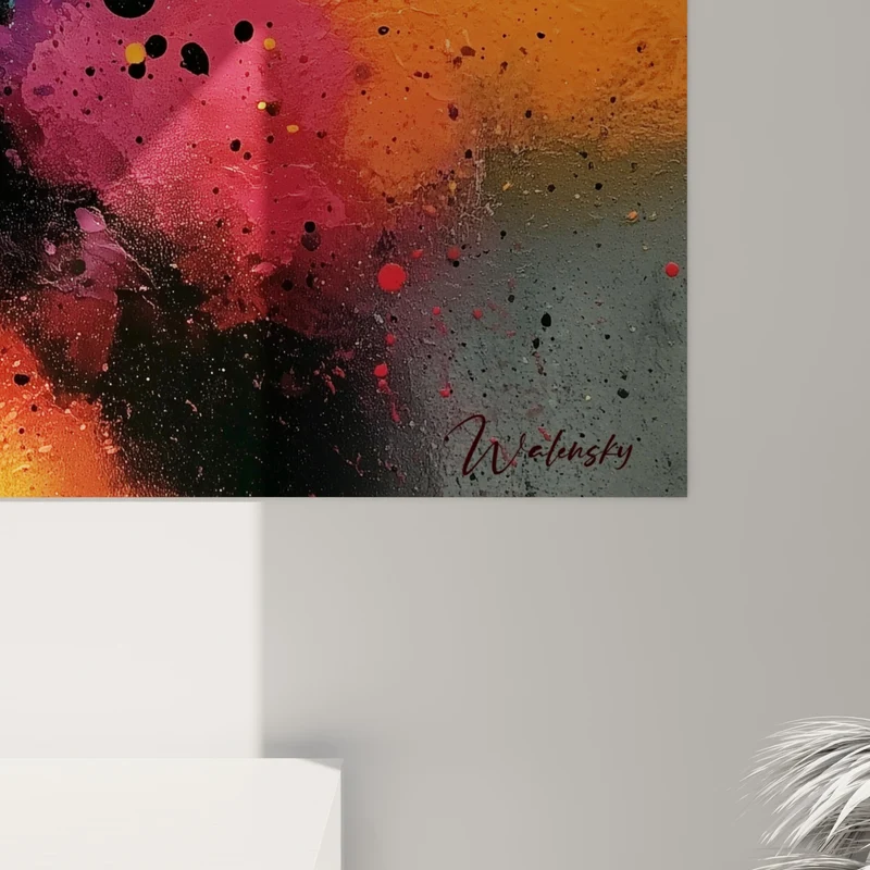 Tableau Faille noire diagonale entre orange et bleu - Grille sombre en surimpression - Edition Multicolore abstrait