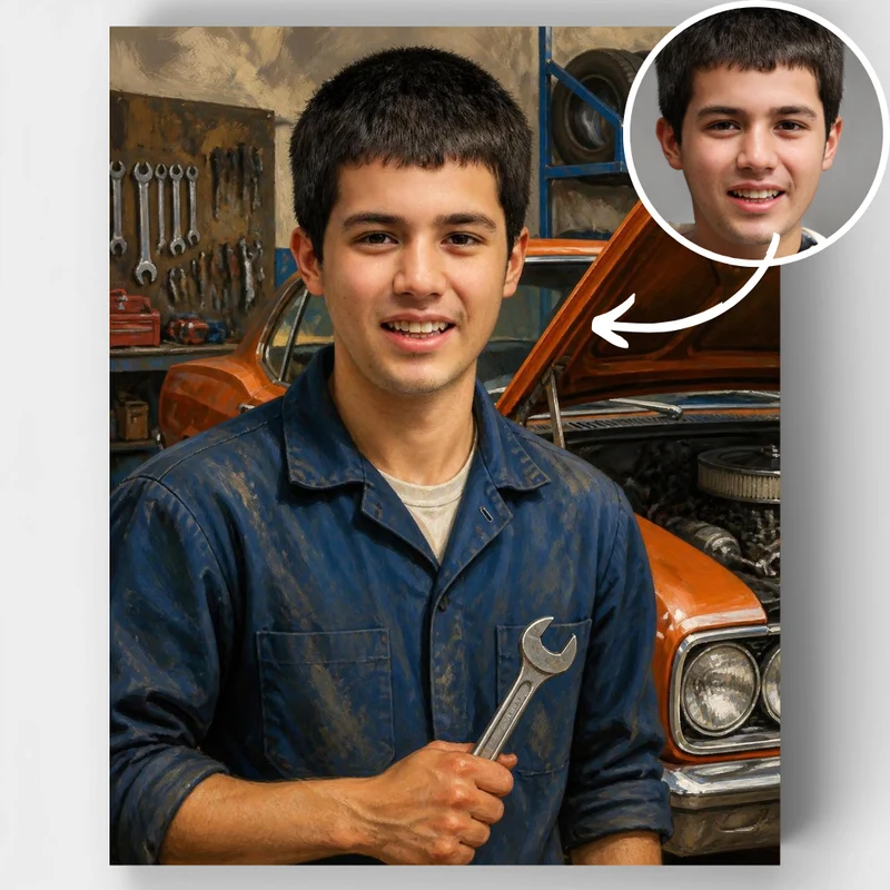Boy Mechanic with Classic Orange Car - Custom Paint by Numbers Kit