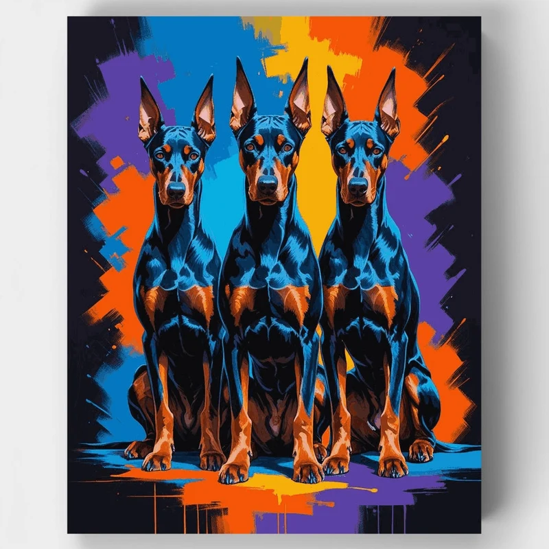 Three Doberman Pinschers with Vibrant Splash Background - Paint by Numbers Kit