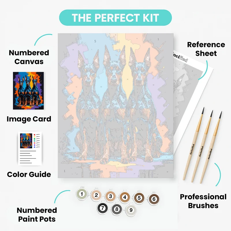 Three Doberman Pinschers with Vibrant Splash Background - Paint by Numbers Kit