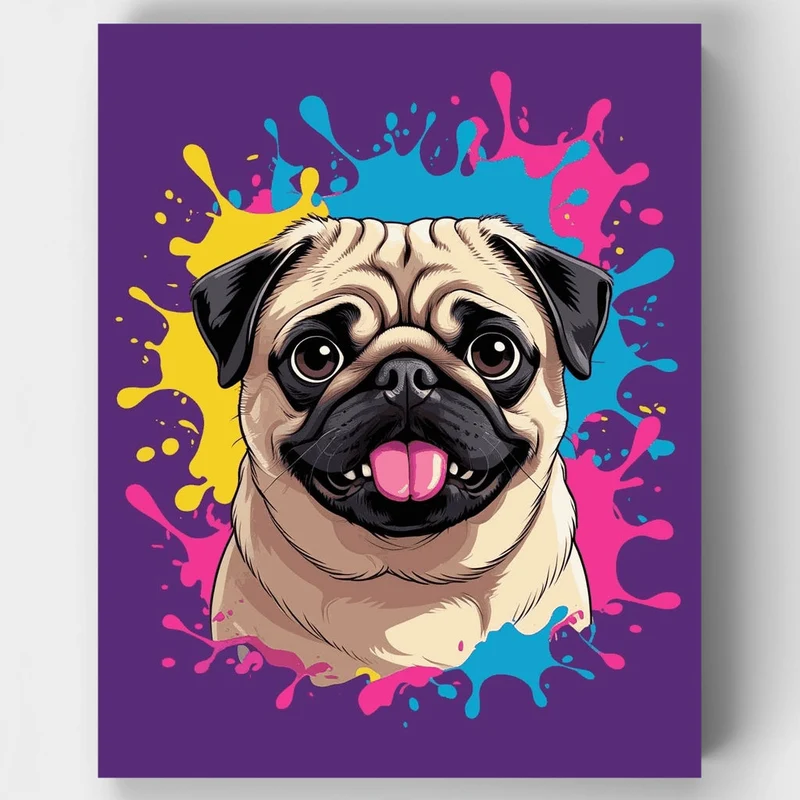 Happy Pug with Colorful Paint Splashes - Paint by Numbers Kit