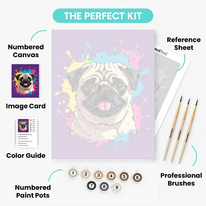 Happy Pug with Colorful Paint Splashes - Paint by Numbers Kit