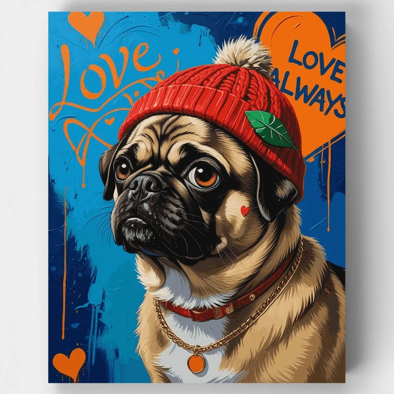 Love Always Pug in Red Beanie - Paint by Numbers Kit