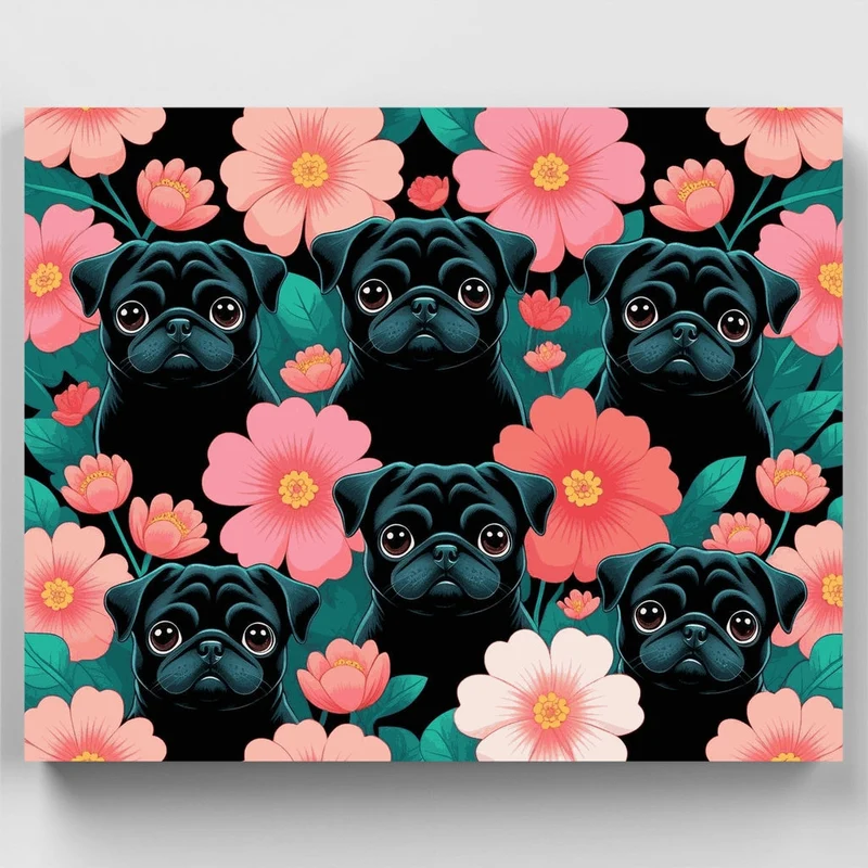 Black Pugs and Pink Flowers - Paint by Numbers Kit