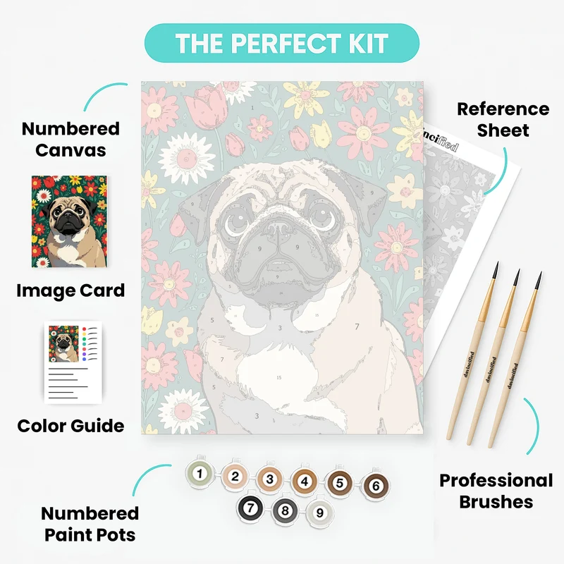 Pug in Flower Garden - Paint by Numbers Kit