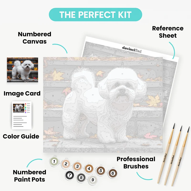 Fluffy Bichon Frise in Autumn Leaves - Paint by Numbers Kit