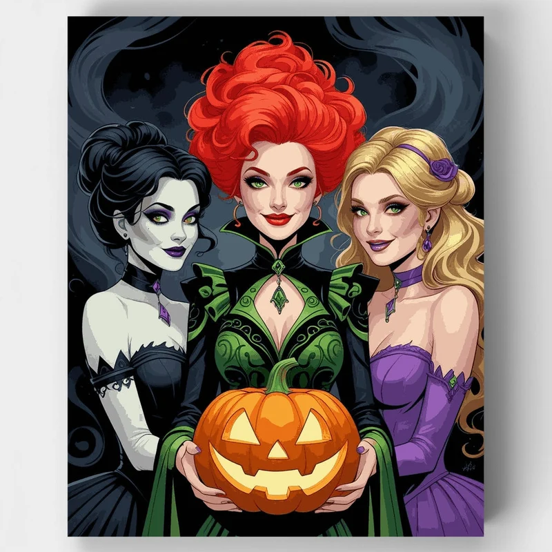 Halloween Witches with Jack-o'-Lantern - Paint by Numbers Kit