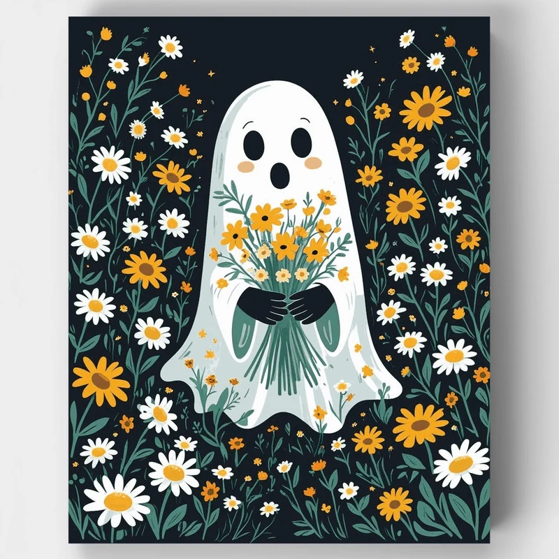 Friendly Ghost with Daisy Bouquet - Paint by Numbers Kit