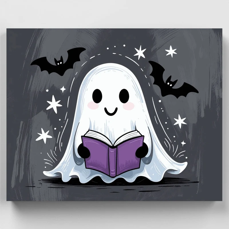 Cute Reading Ghost with Bats - Paint by Numbers Kit