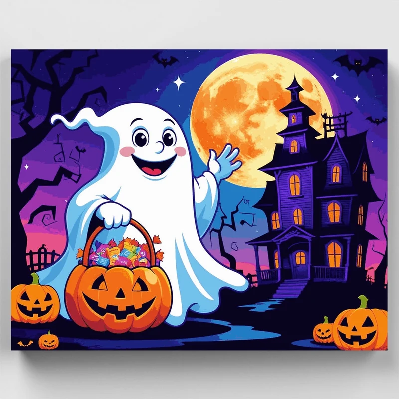 Friendly Halloween Ghost with Trick-or-Treat Basket - Paint by Numbers Kit