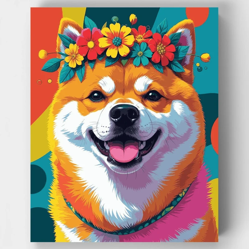 Colorful Shiba Inu with Flower Crown - Paint by Numbers Kit