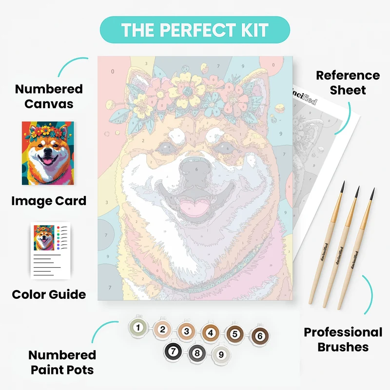 Colorful Shiba Inu with Flower Crown - Paint by Numbers Kit