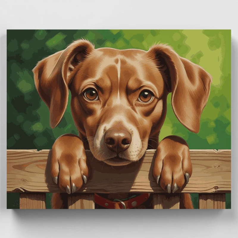Adorable Brown Dog Peeking Over Fence - Paint by Numbers Kit