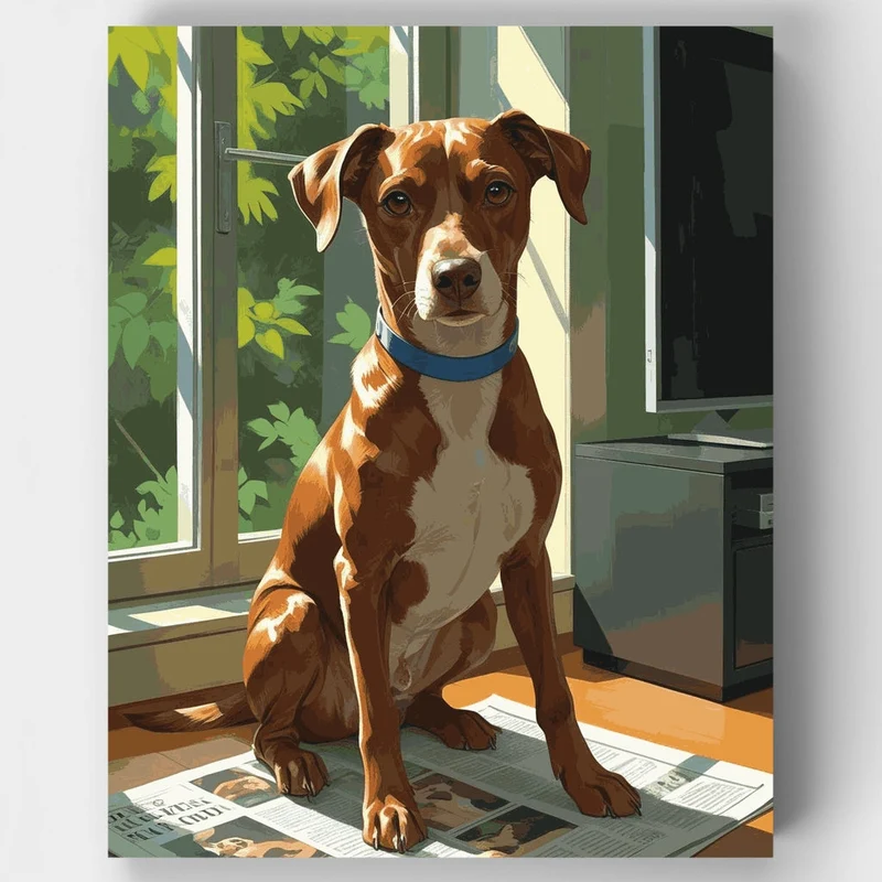 Brown and White Dog Sitting by Window - Paint by Numbers Kit