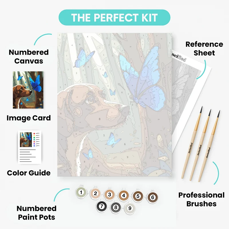 Dog and Blue Butterflies Forest Scene - Paint by Numbers Kit