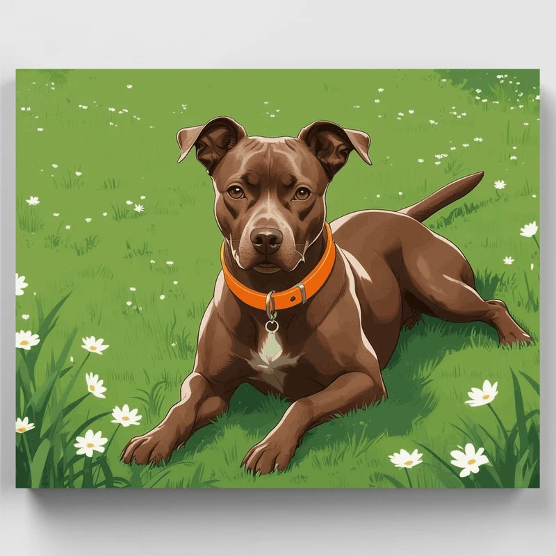 Brown Pit Bull in Flower Meadow - Paint by Numbers Kit