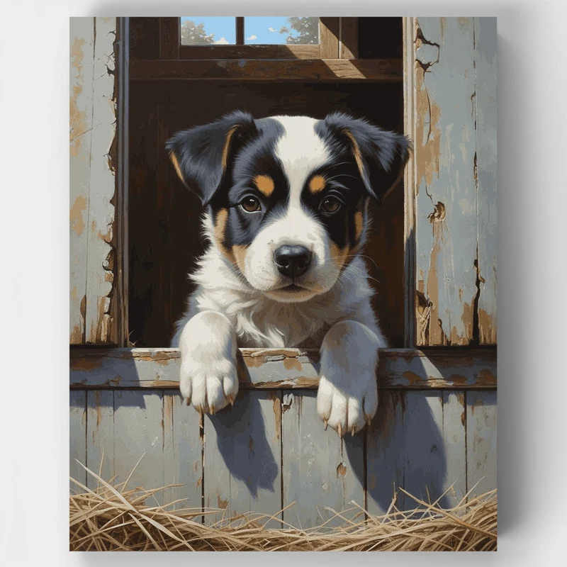 Adorable Puppy in Doghouse - Paint by Numbers Kit