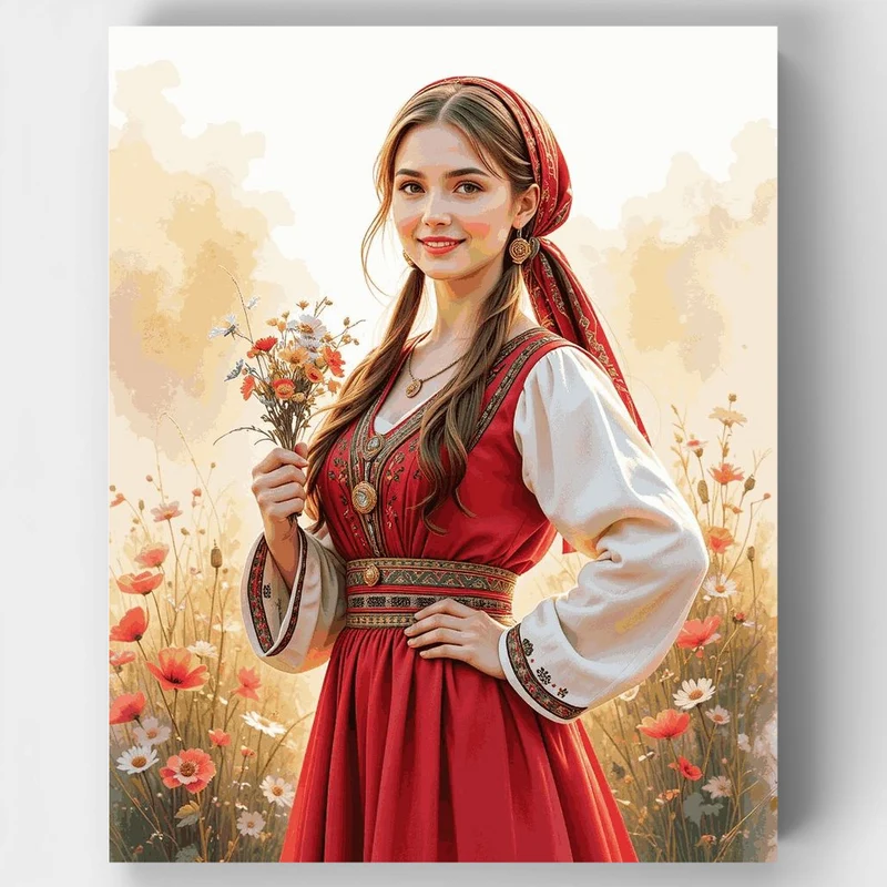 "Girl in Traditional Folk Costume" Paint by Numbers Kit