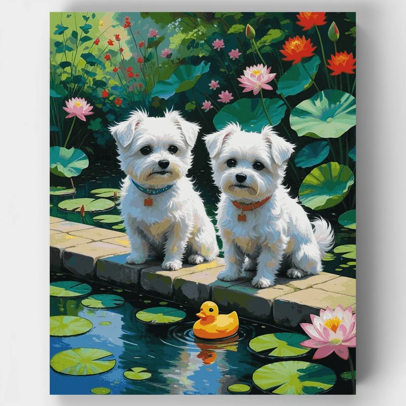 Two Yorkies by the Lotus Pond - Paint by Numbers Kit