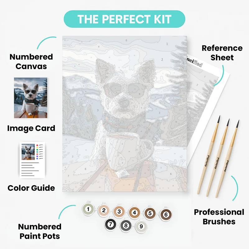Stylish Yorkie with Tea in Winter Mountains - Paint by Numbers Kit
