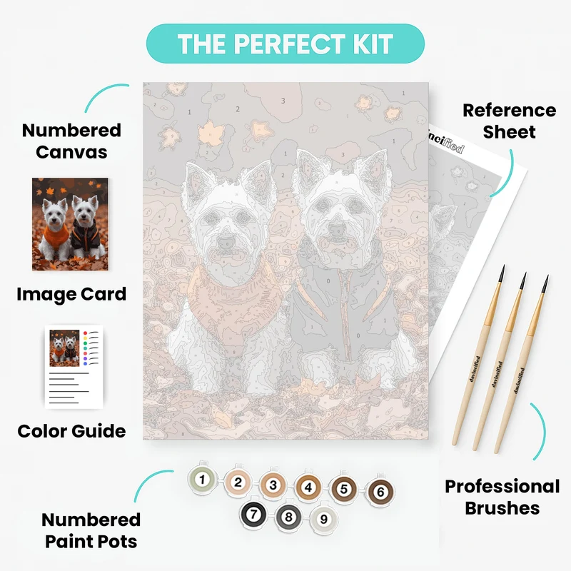 Two Adorable Westies in Autumn Leaves - Paint by Numbers Kit