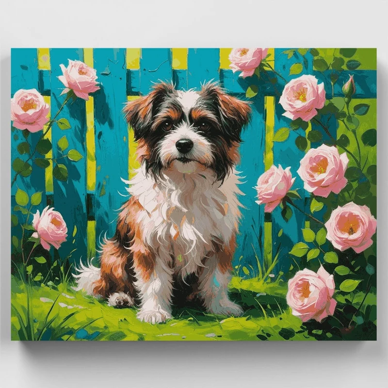Adorable Puppy in Rose Garden - Paint by Numbers Kit