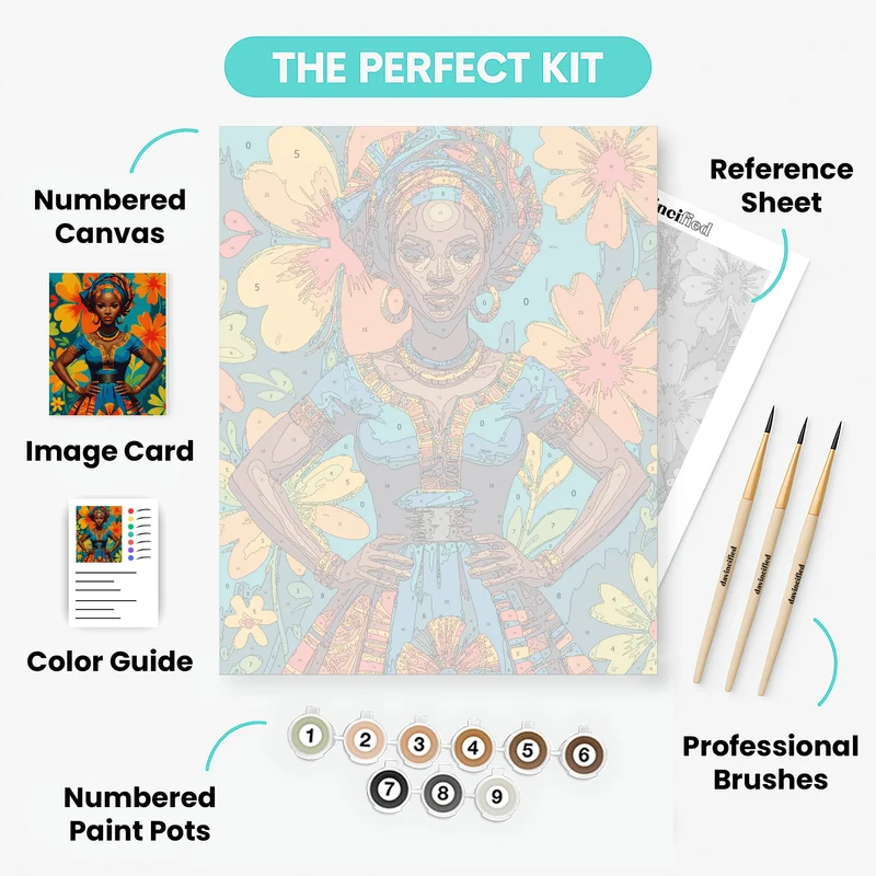 African Woman in Traditional Dress with Vibrant Flowers - Paint by Numbers Kit