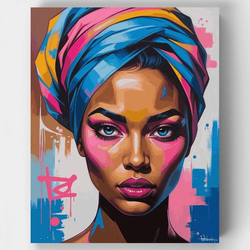 Colorful African Woman with Head Wrap Portrait - Paint by Numbers Kit