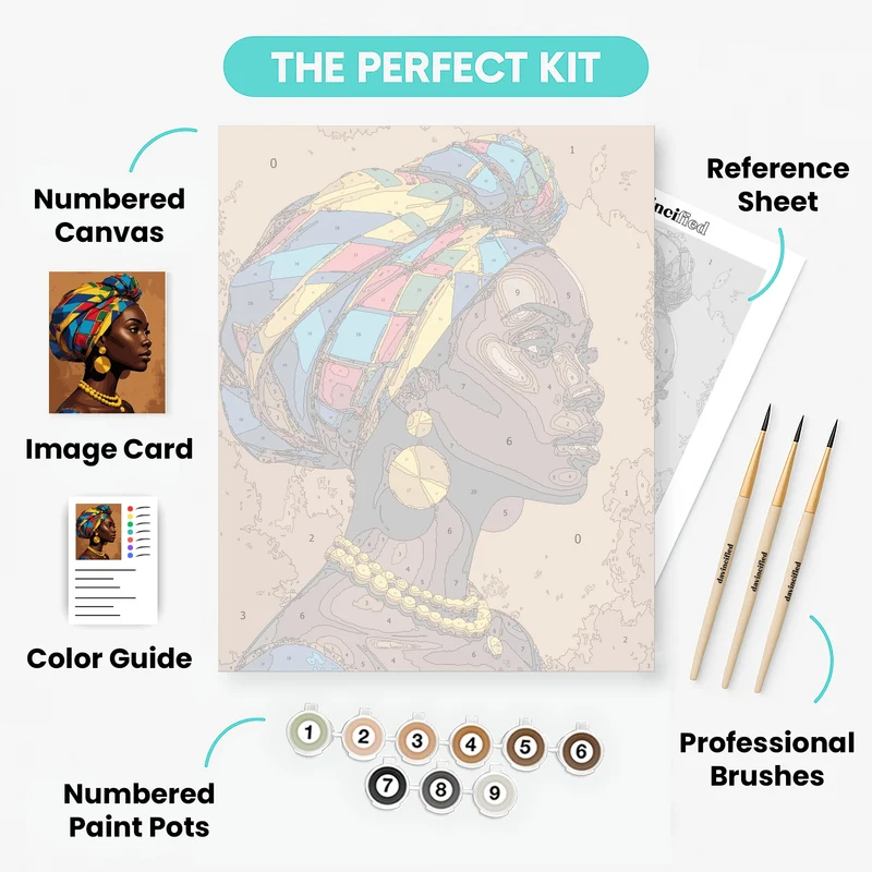African Woman in Colorful Head Wrap Portrait - Paint by Numbers Kit