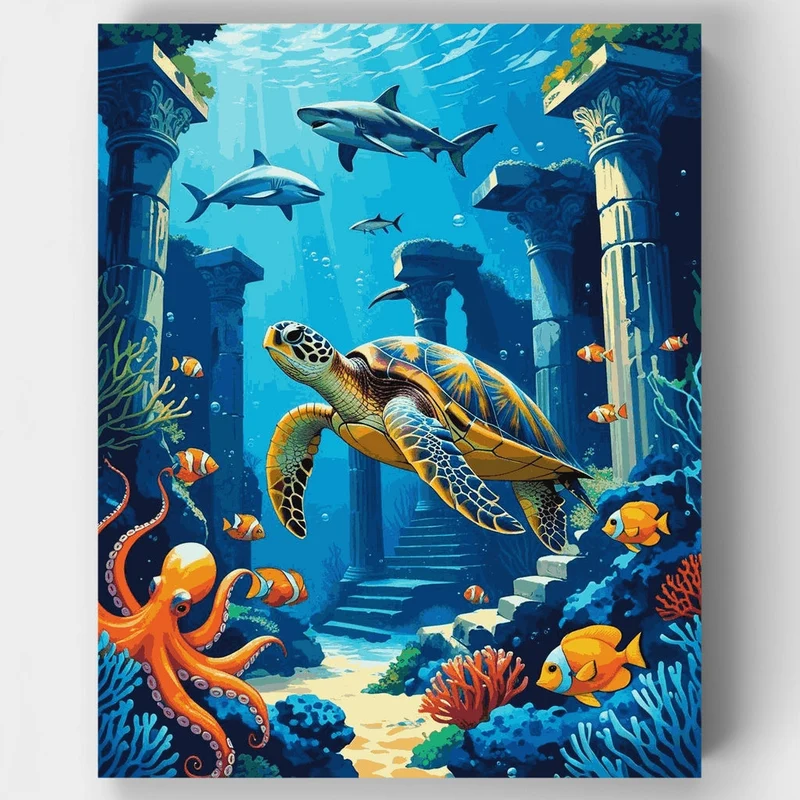 Underwater Ancient Ruins with Sea Turtle - Paint by Numbers Kit