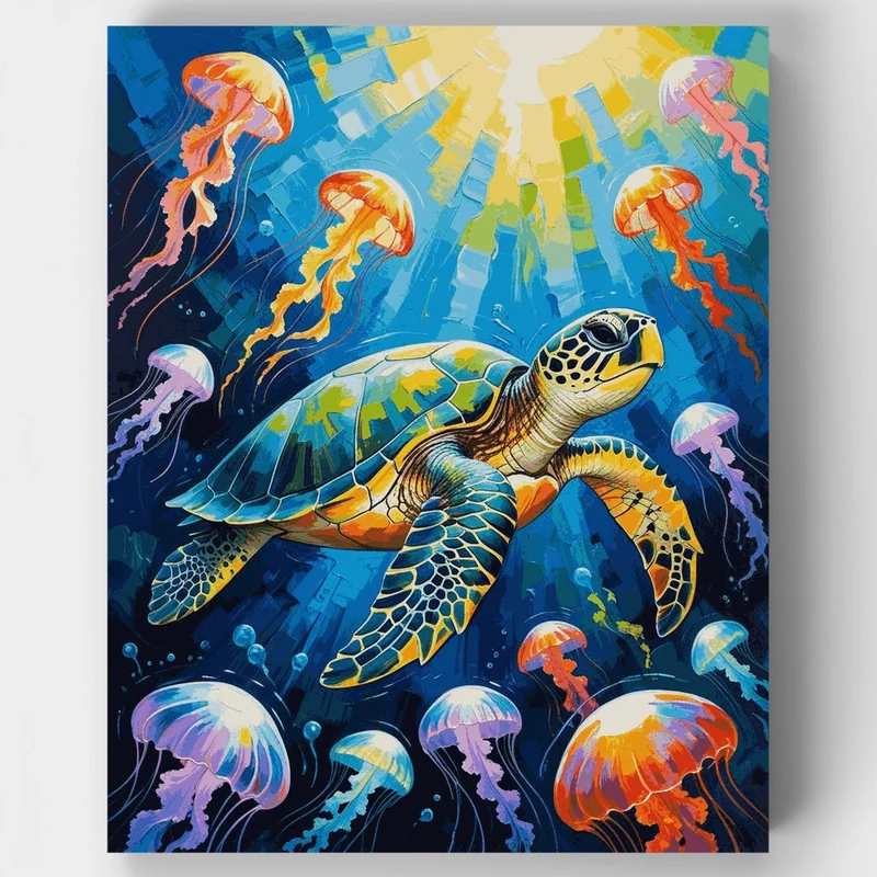 Sea Turtle Swimming with Jellyfish - Paint by Numbers Kit