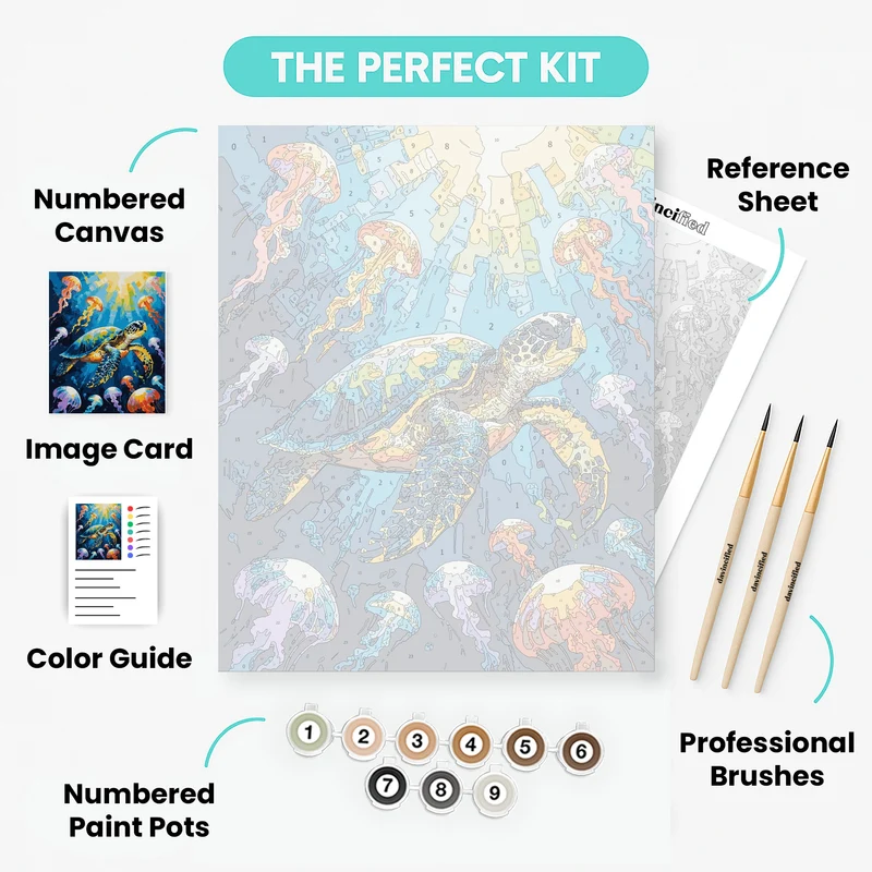 Sea Turtle Swimming with Jellyfish - Paint by Numbers Kit