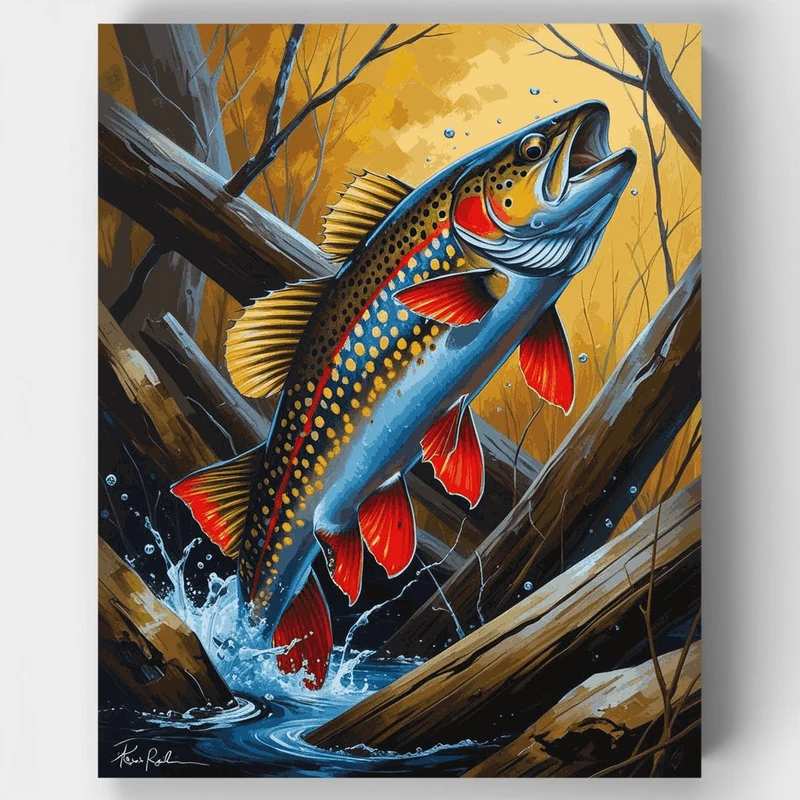 Trout Jumping Through Fallen Logs - Paint by Numbers Kit