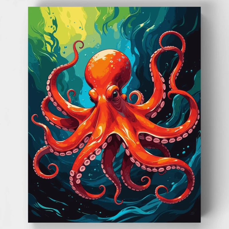 Vibrant Orange Octopus in Deep Ocean Waters - Paint by Numbers Kit