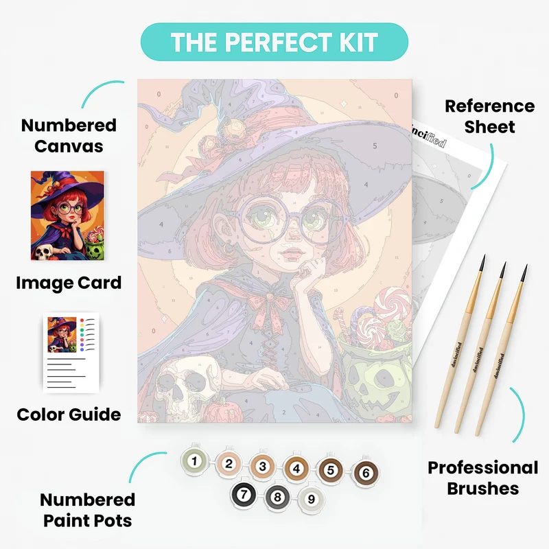 Cute Witch Girl with Halloween Treats - Paint by Numbers Kit
