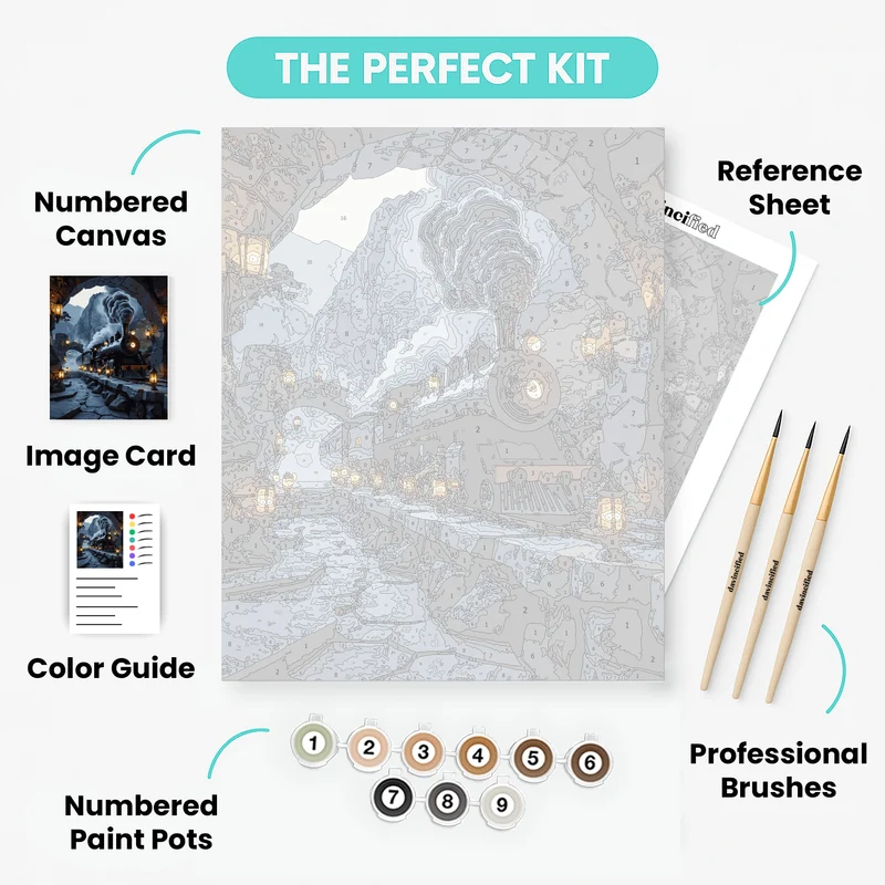 Mystical Steam Train Through Mountain Tunnel - Paint by Numbers Kit