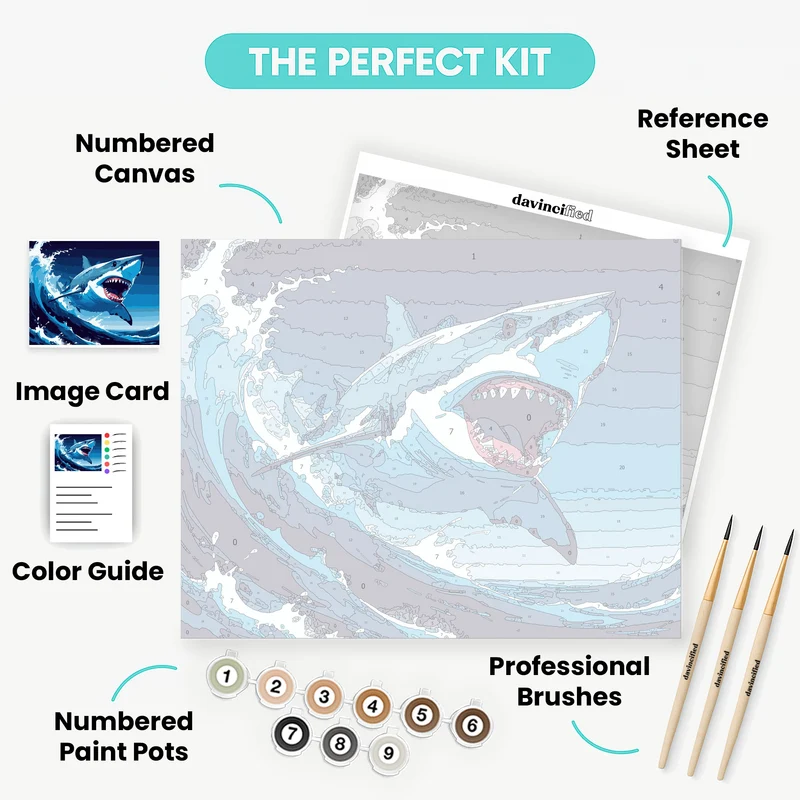 Great White Shark Breaching Ocean Waves - Paint by Numbers Kit