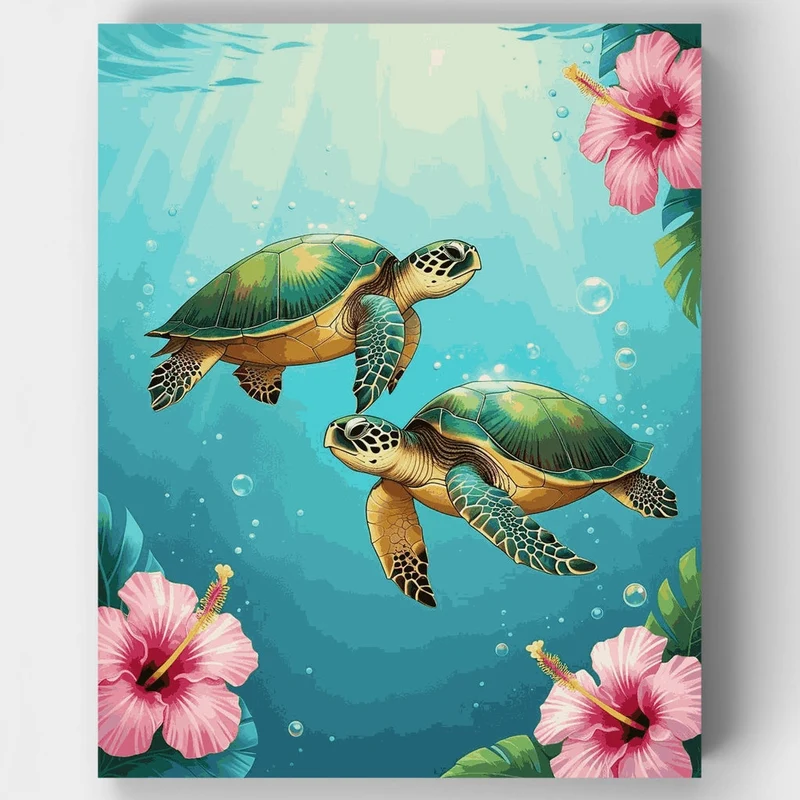 Sea Turtles Swimming with Hibiscus Flowers - Paint by Numbers Kit