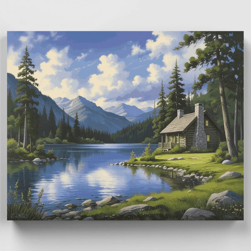 Lakeside Log Cabin Mountain Retreat - Paint by Numbers Kit