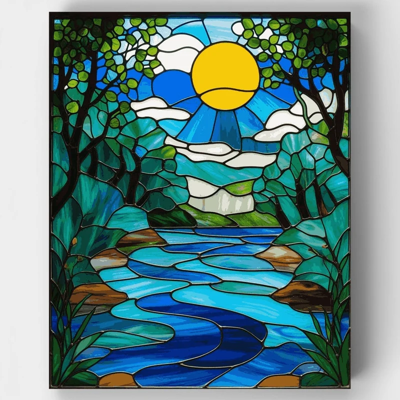 Stained Glass River Landscape - Paint by Numbers Kit