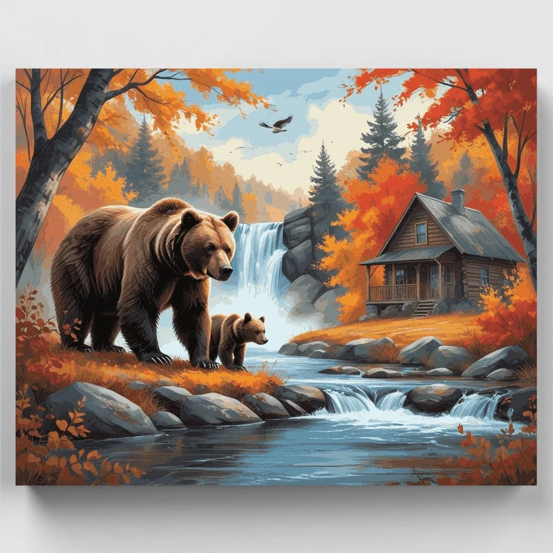 Autumn Bears by Waterfall Cabin - Paint by Numbers Kit