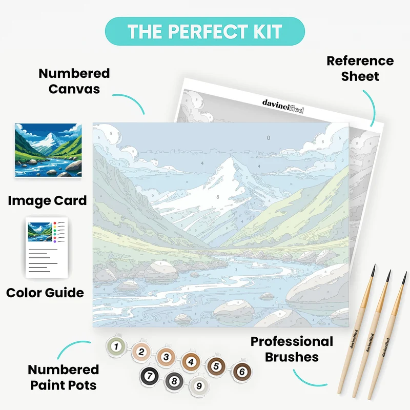 Alpine Valley River with Snow-Capped Peaks - Paint by Numbers Kit