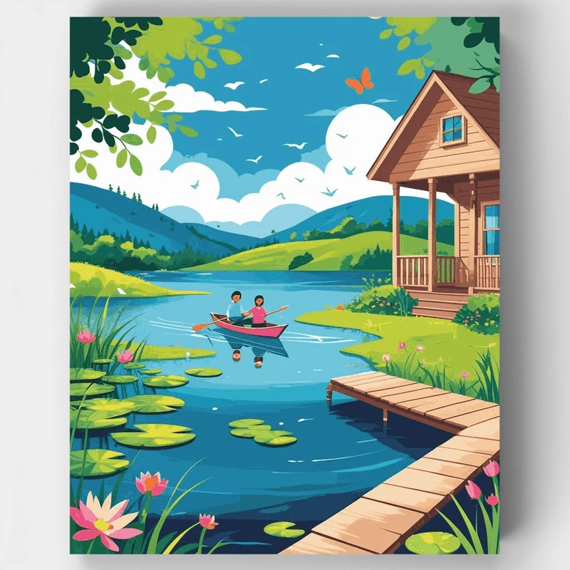 Peaceful Lake Cabin with Rowing Adventure - Paint by Numbers Kit